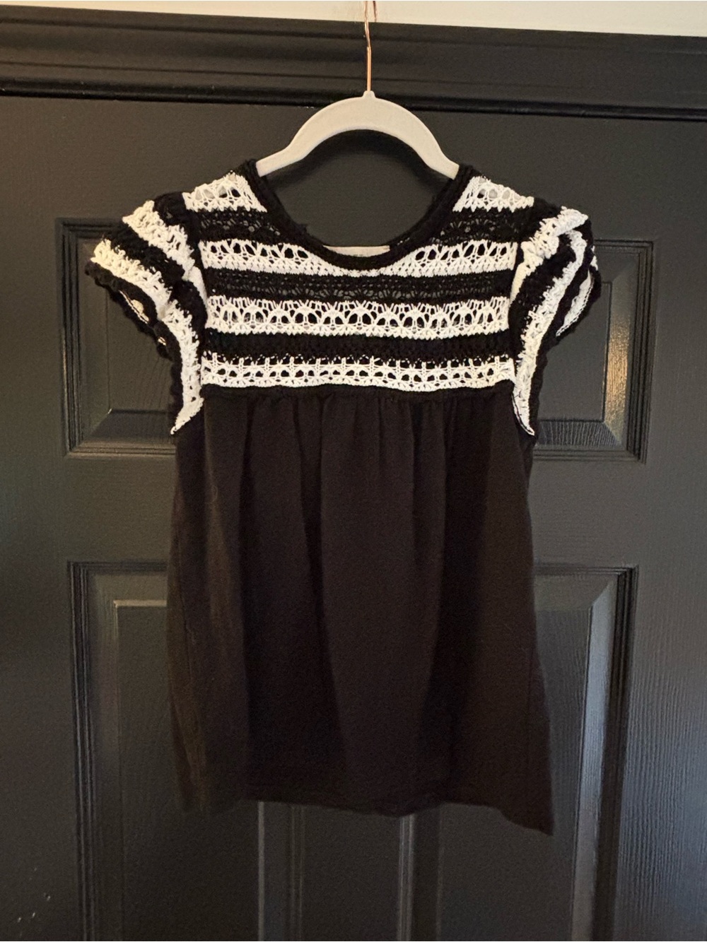 LOFT Black Top with White Crochet Yoke